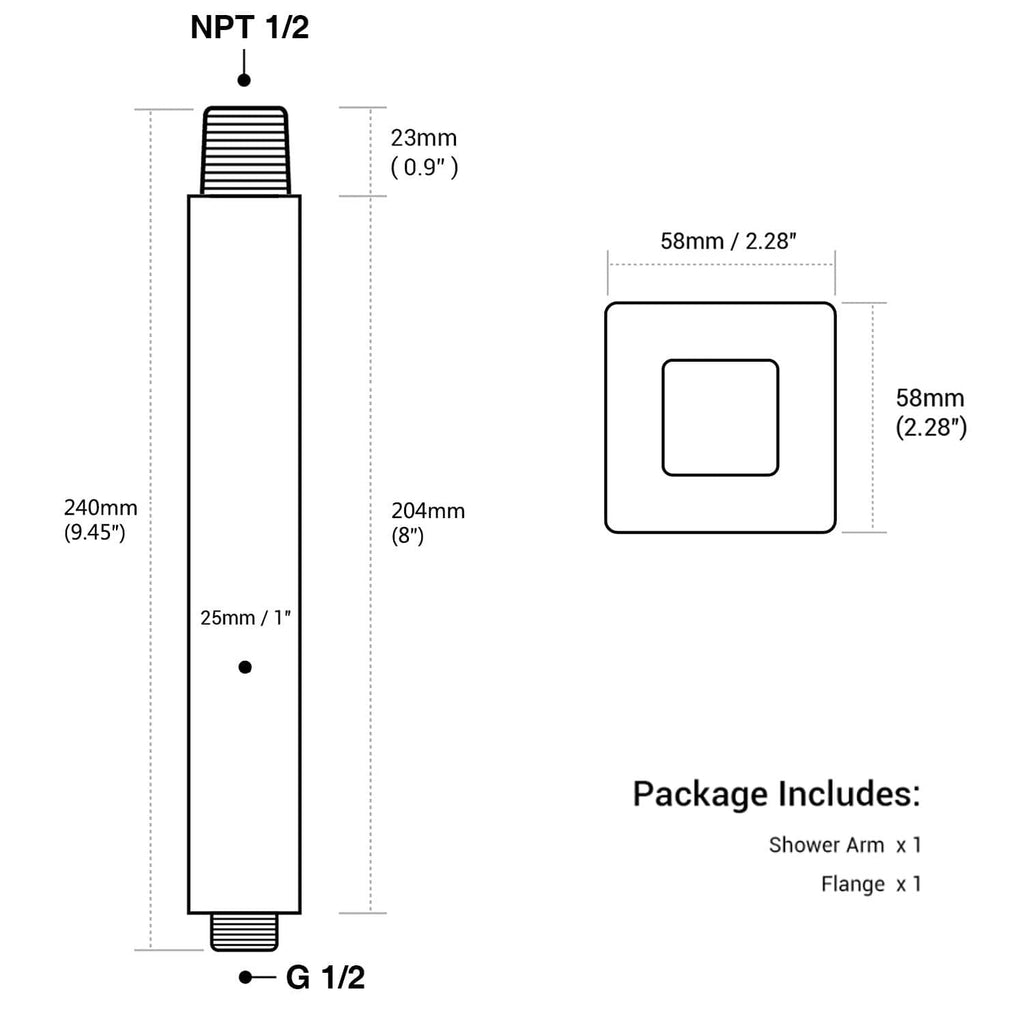8 inch matte black shower arm with square flange; NPT 1/2 and G 1/2 connections