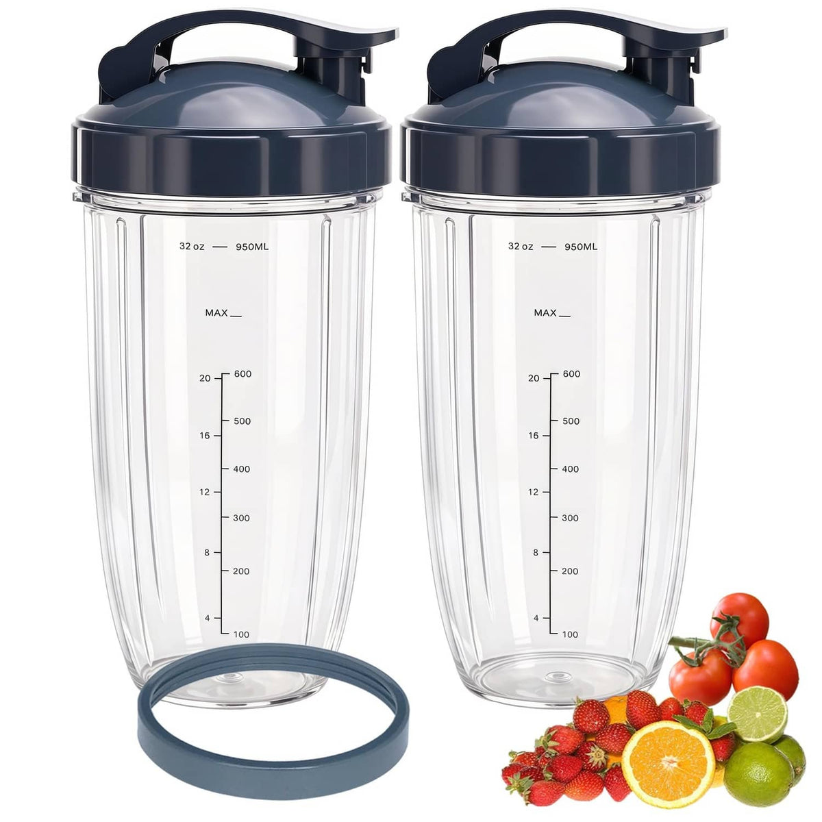Set of 2 clear blender cups with dark flip-top to-go lids, showing measurement markings