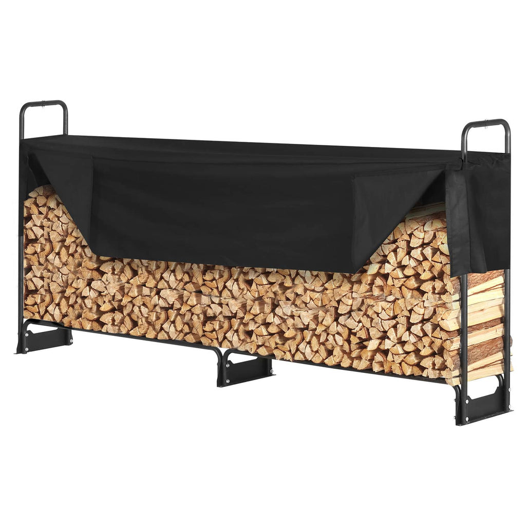 Outdoor firewood rack with black tarp cover and side panel, logs visible