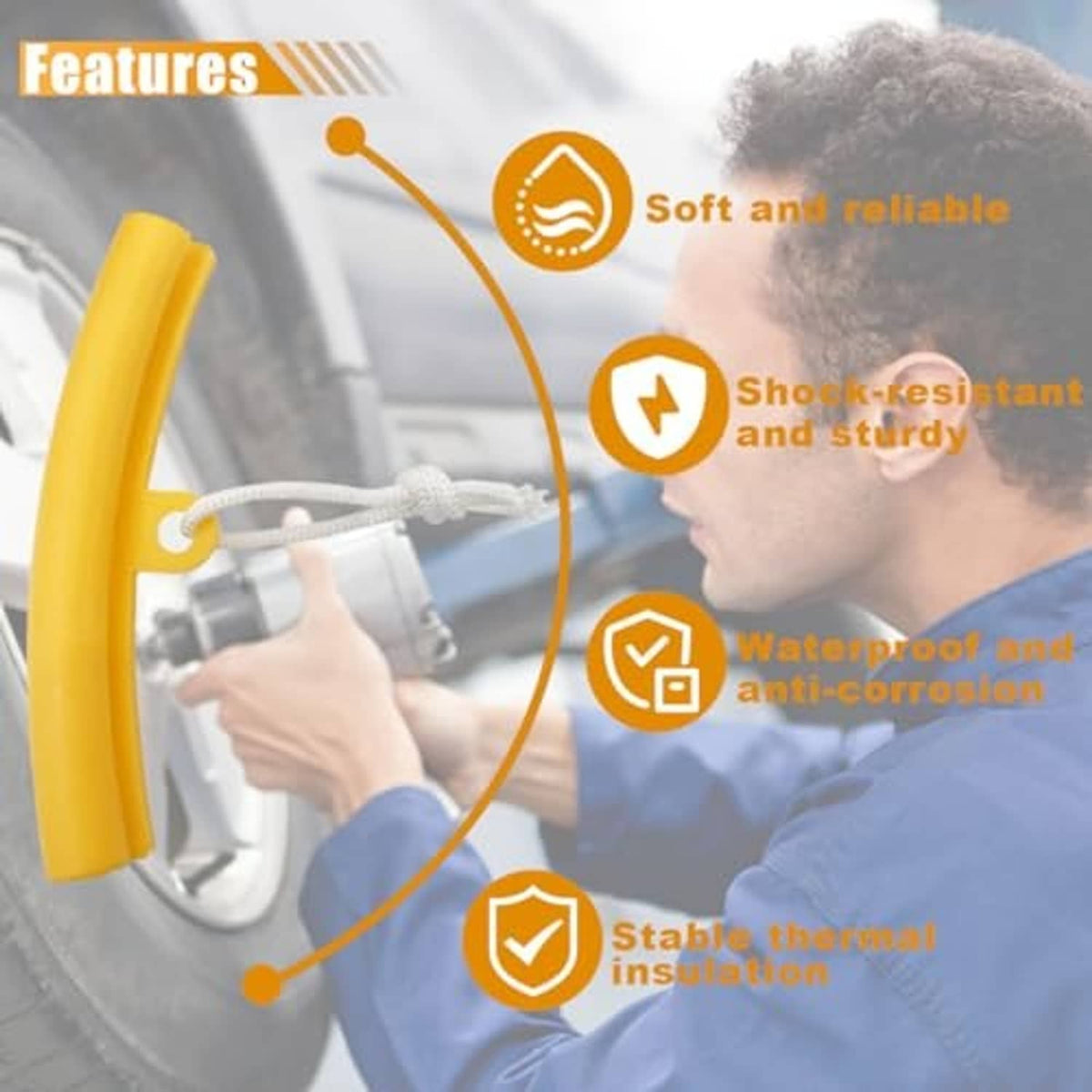 Yellow tire changer rim protector edge saver with cord on a wheel edge