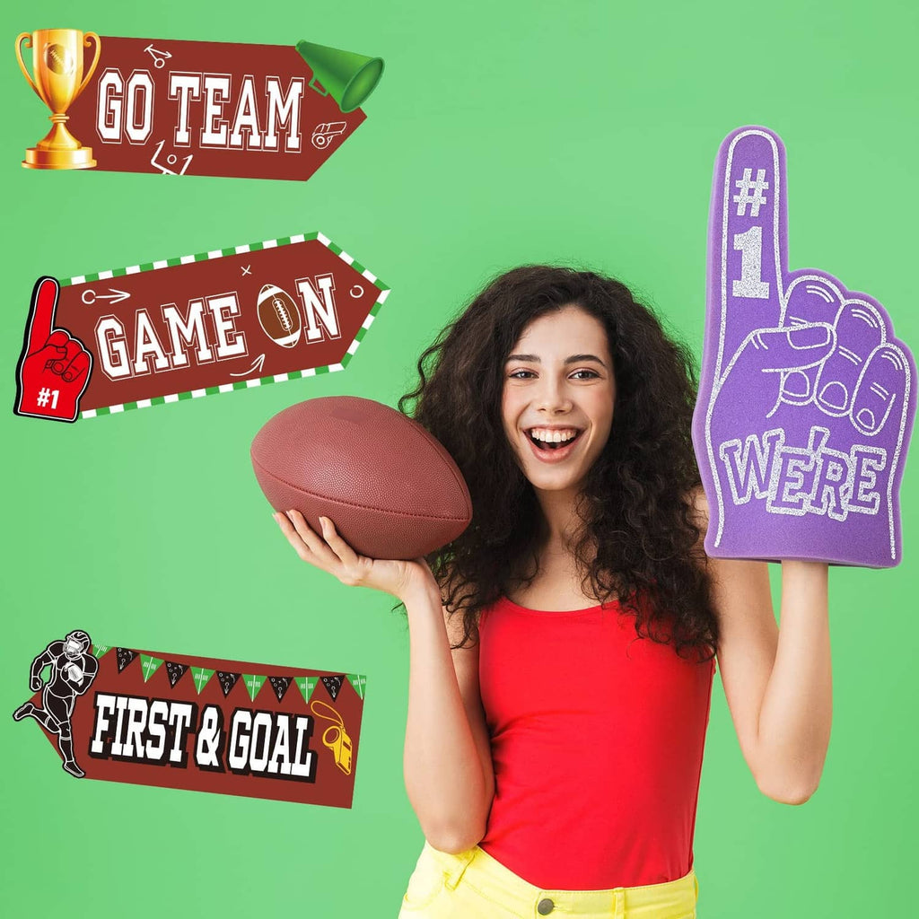 Soccer yard sign set with “Go Team,” “Game On,” “First & Goal,” and a purple “#1” sign