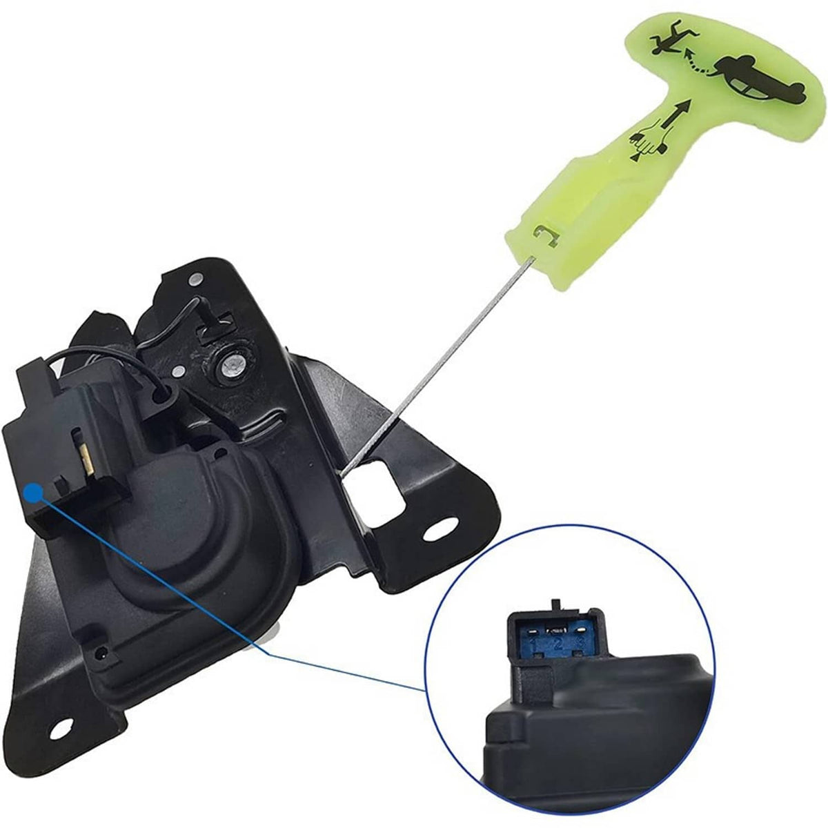 Black latch actuator with emergency handle, wiring connector, and mounting plate