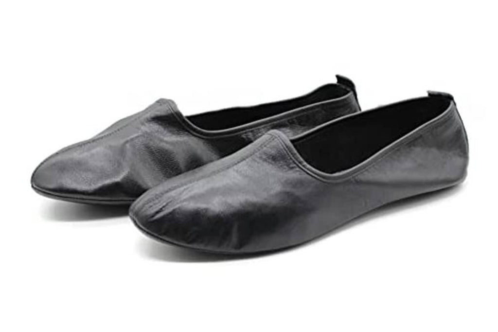 Leather babouche-style slippers with open back, low profile, dark gray/black