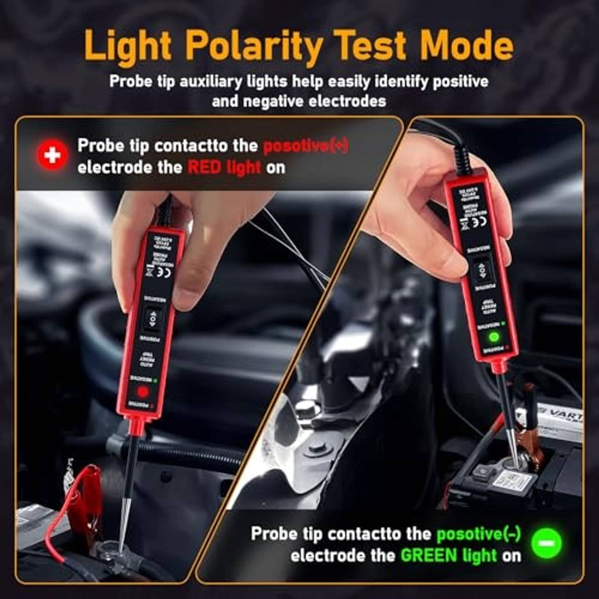 Red polarity test circuit tester with probe tip and green indicator light on cable