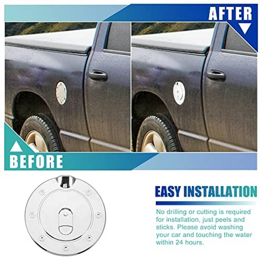 Chrome fuel tank cap cover installed, round decorative plate on truck fender area