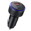 Black 3-port USB car charger with blue LED ring and dual USB-C PD ports