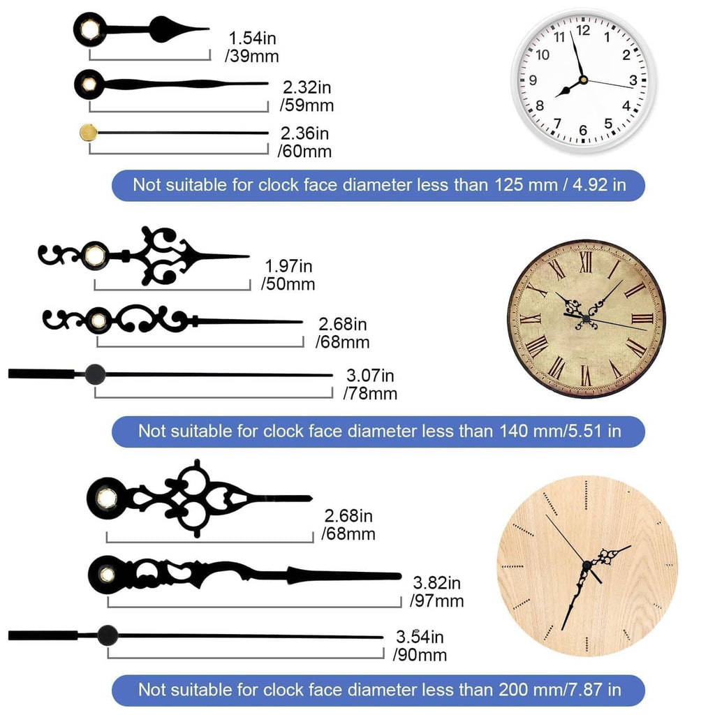 Decorative clock hands set with length guides and round clock face examples