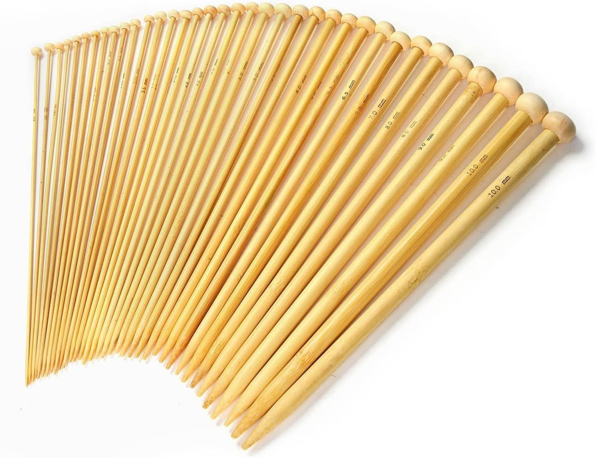 36-piece bamboo knitting needles set, multiple sizes bundled and fanned out