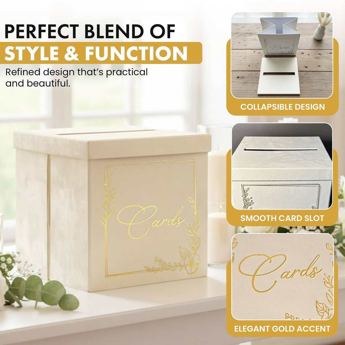 White collapsible card box with gold "Cards" front and smooth card slot opening.