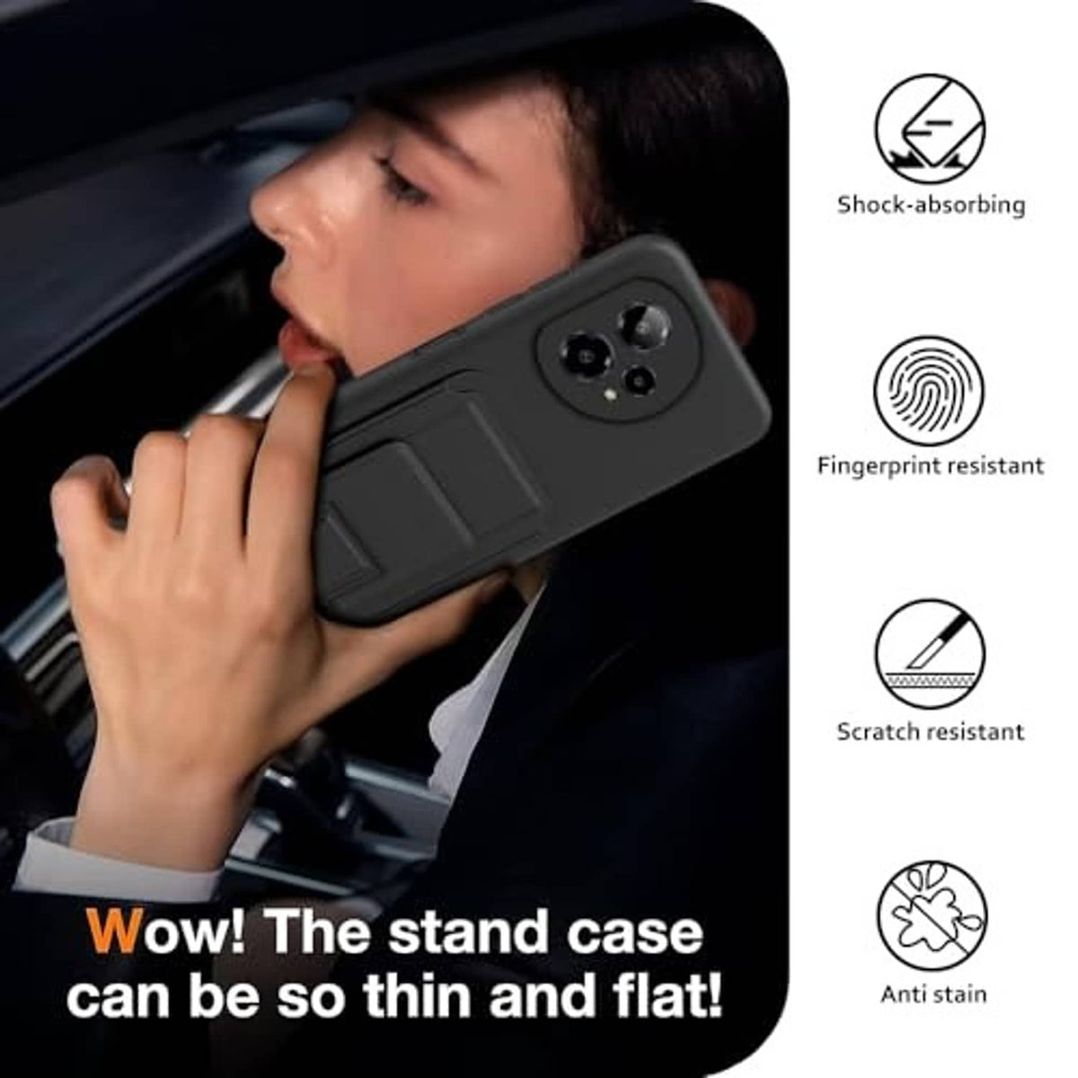 Black phone case with kickstand and grip texture, shown with phone held