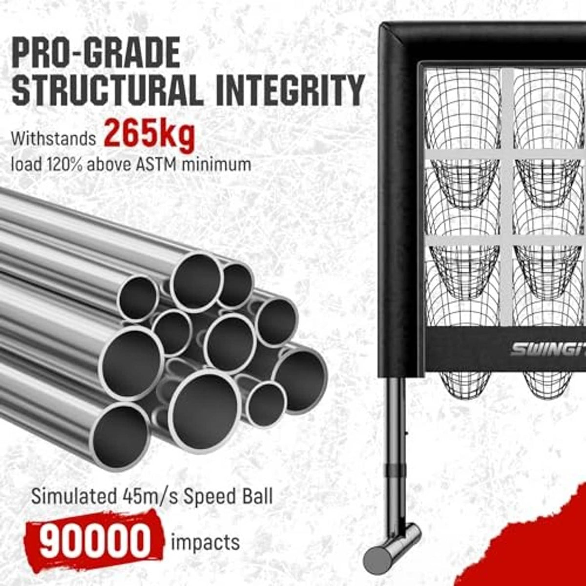 Black strike-zone pitching net frame with bundled metal support poles.