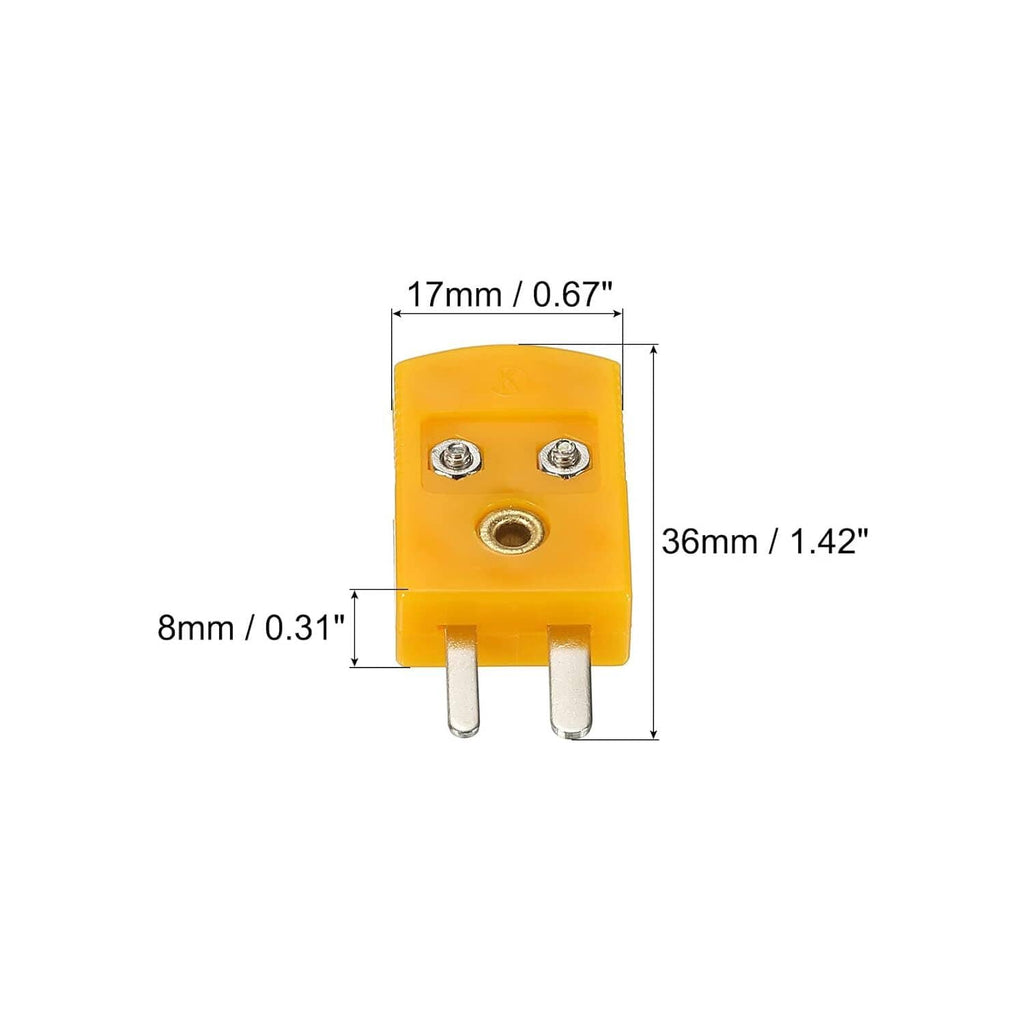 Orange K-type thermocouple mini adapter with female pins and size dimensions