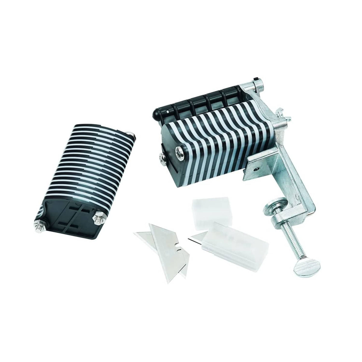 Tabletop manual leather lace cutter with black comb feed rollers and metal frame