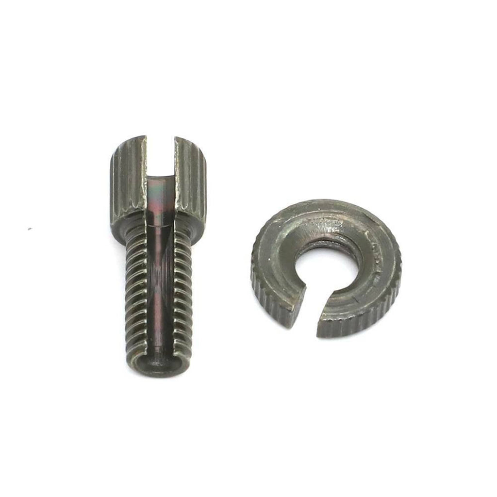 Threaded cable adjuster screw with ribbed collar and matching curved washer, metal