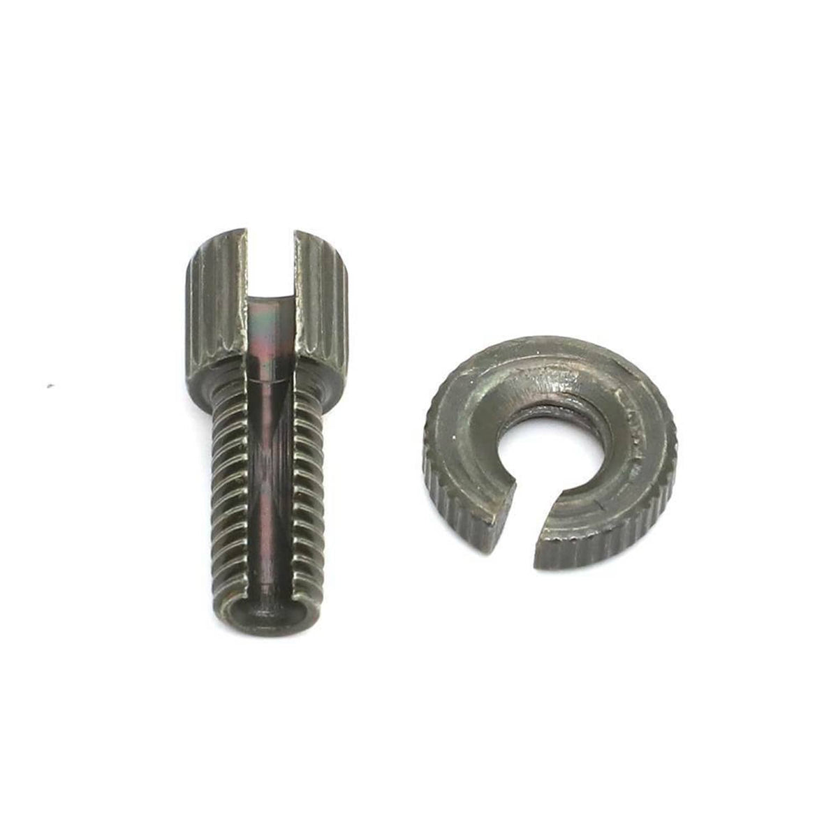Threaded cable adjuster screw with ribbed collar and matching curved washer, metal