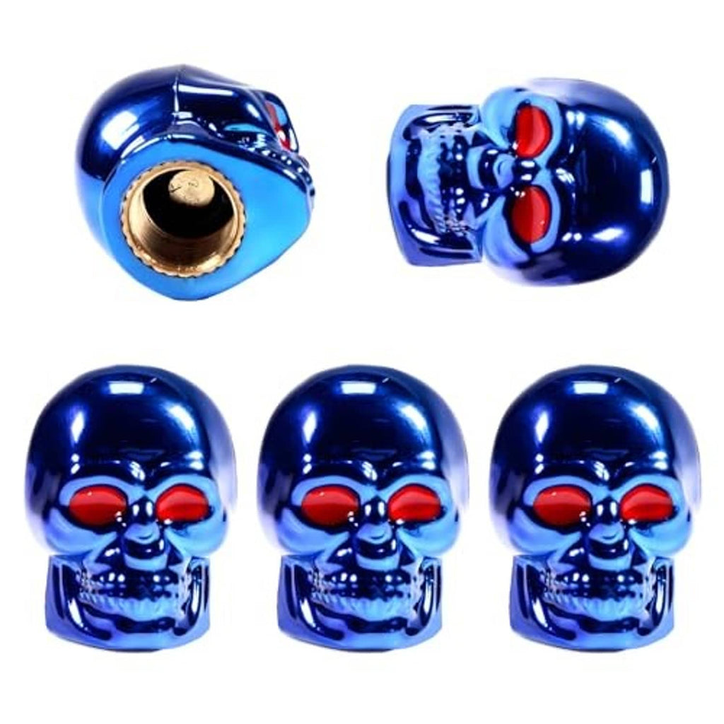 Blue skull tire valve caps set of five, red eyes and silver skull details