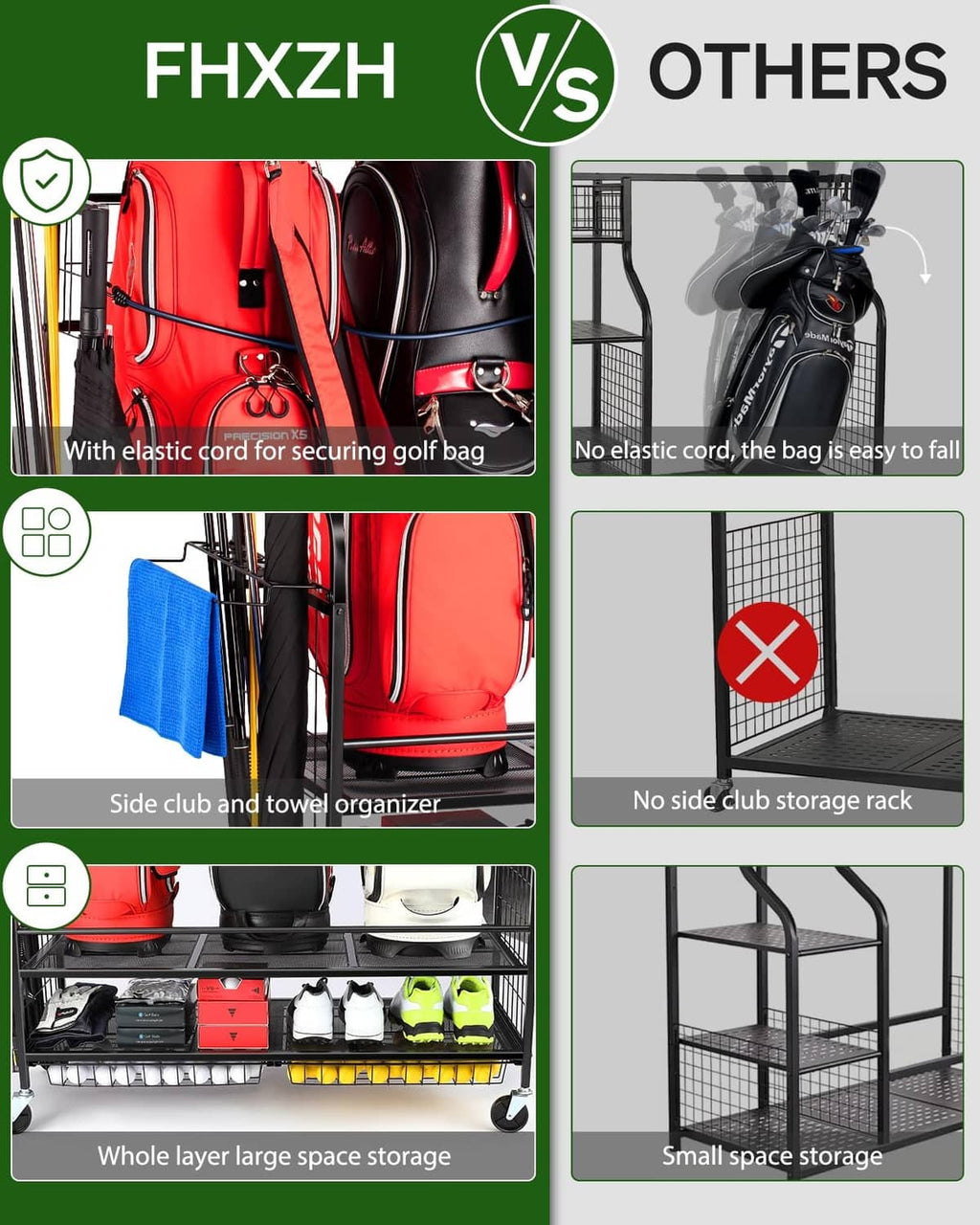 3-golf bag organizer rack with secured bags and side club and towel storage