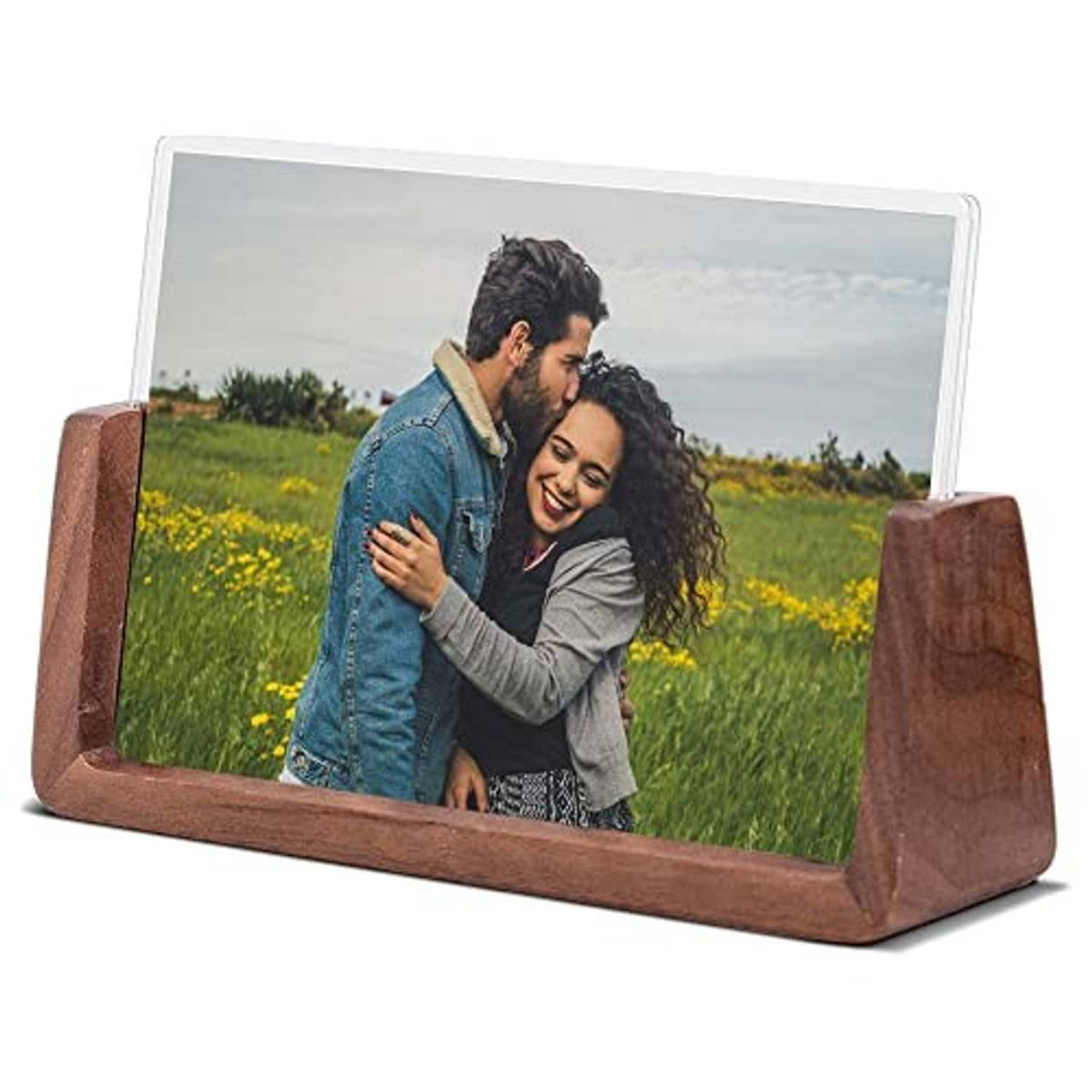 4x6 horizontal wooden photo frame on angled U-base with clear acrylic front
