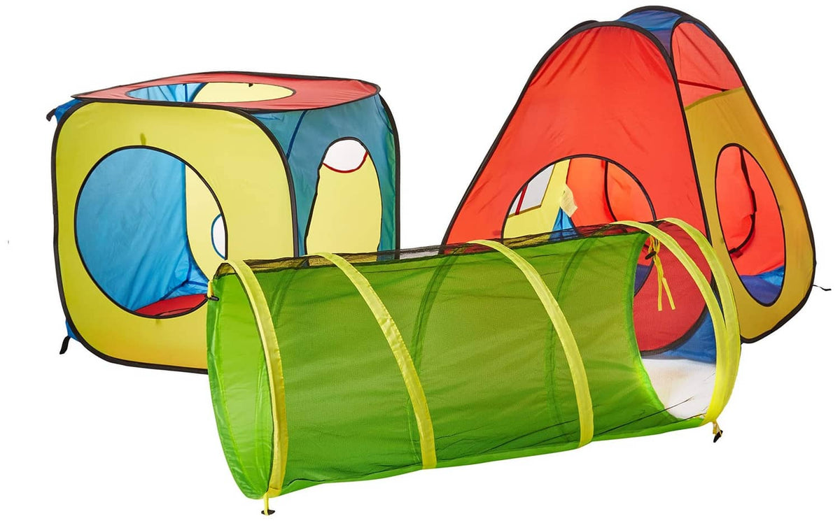 Kids pop-up play tunnel tent, red yellow and blue fabric with arched openings