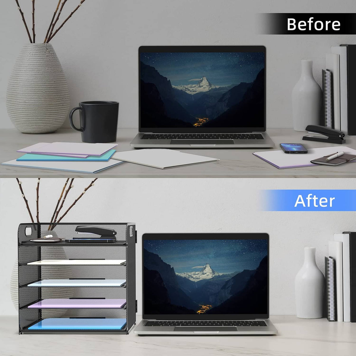 Black mesh 5-tier letter tray organizer with top handle, open shelves for papers.