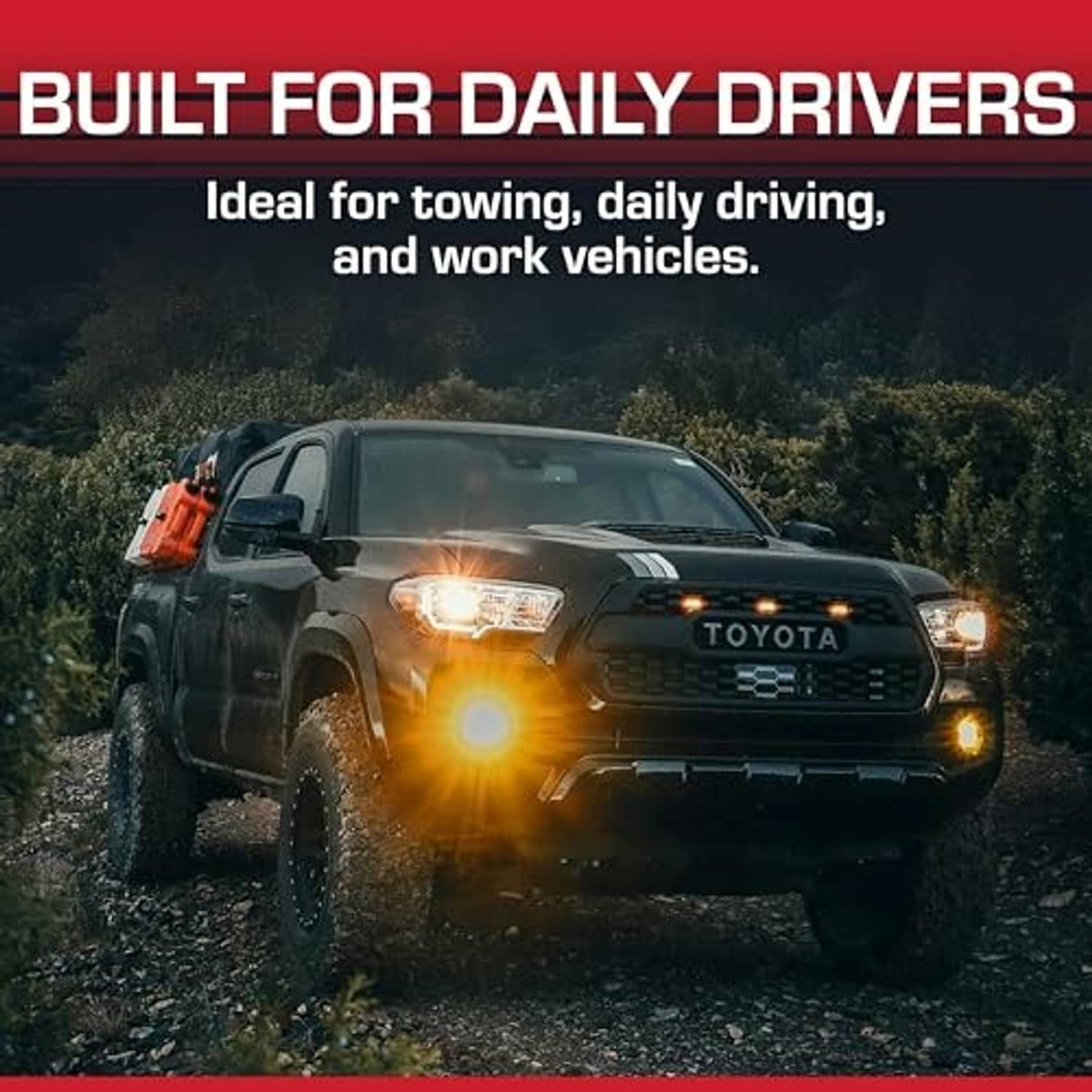 Off-road truck driving on dirt road with exhaust performance promotional graphic