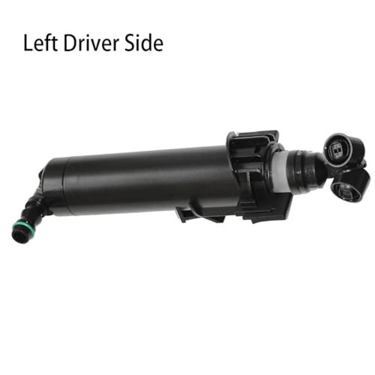 Black headlamp washer nozzle jet sprayer with nozzle opening and green connector