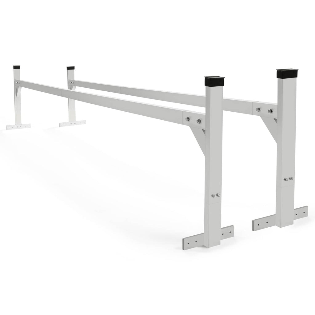 Adjustable ladder rack bracket with long top bar, two uprights, and base mounting plates