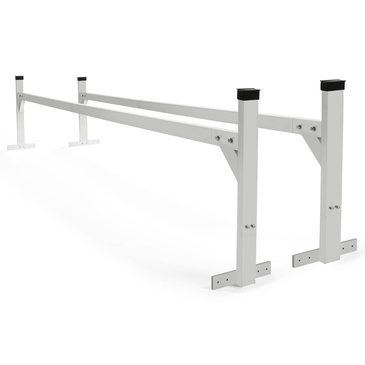 Adjustable ladder rack bracket with long top bar, two uprights, and base mounting plates