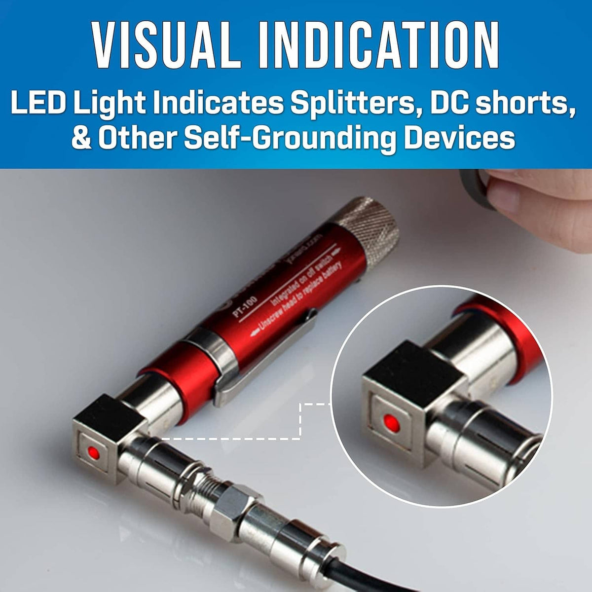 Red and gray coax wire tracer continuity tester with connector detail and cable
