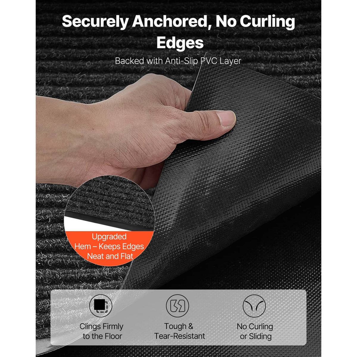 Front door mat corner close-up with secure, anti-curl edge design