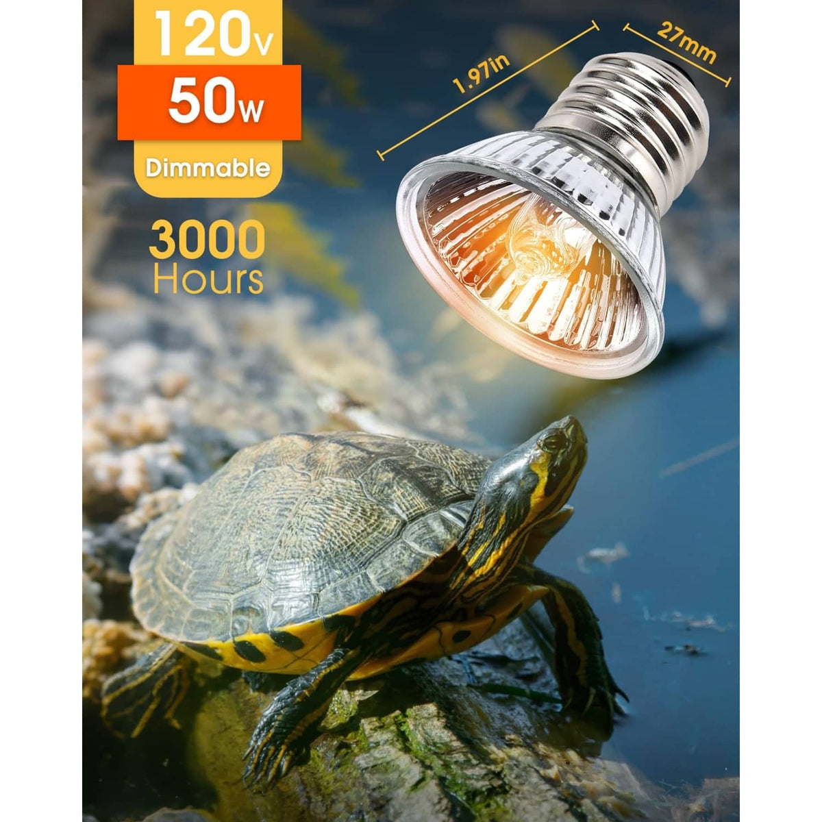 UV basking heat lamp bulb with E26 base emitting warm amber light over a turtle