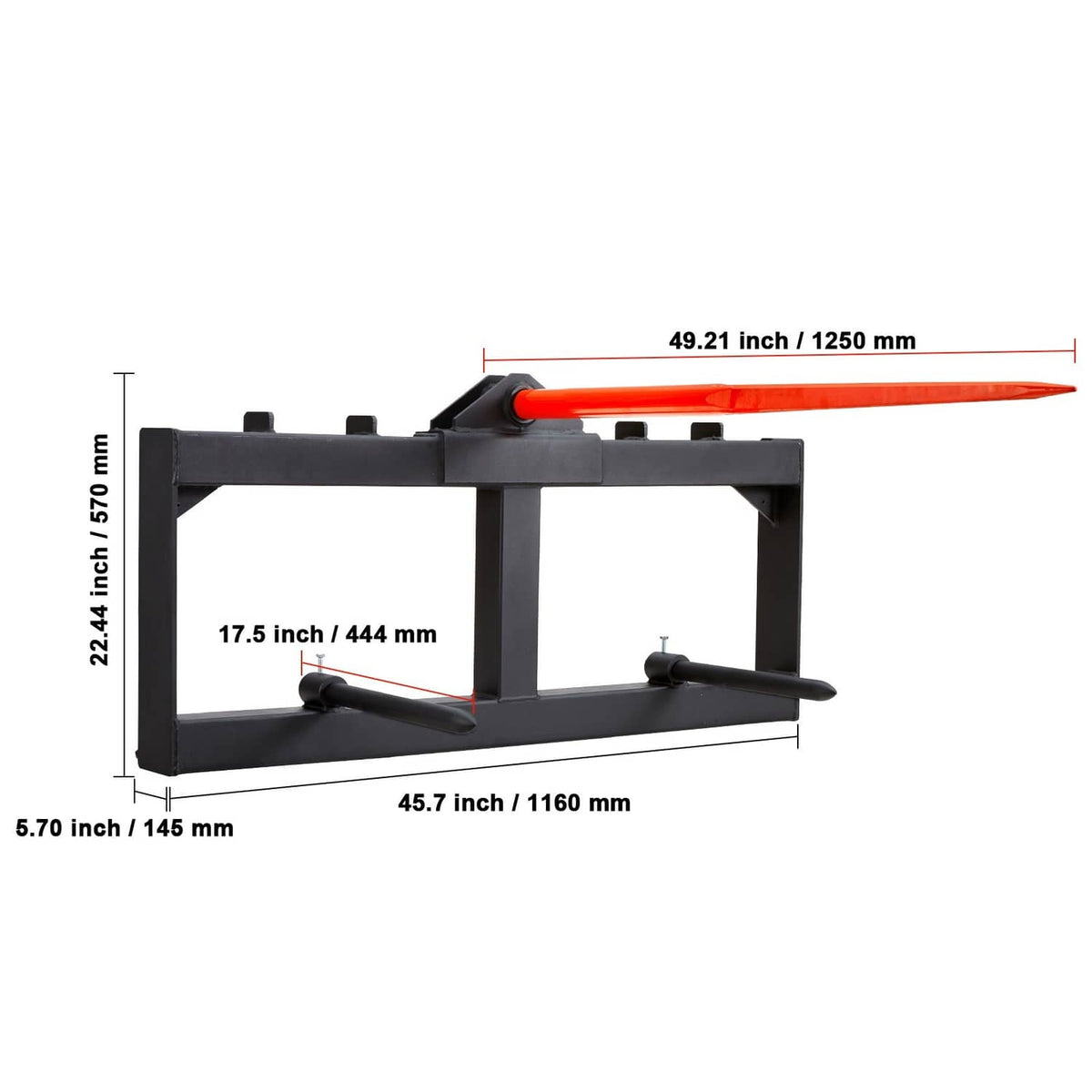 Black hay spear bale spike attachment with orange spear bar and two lower prongs