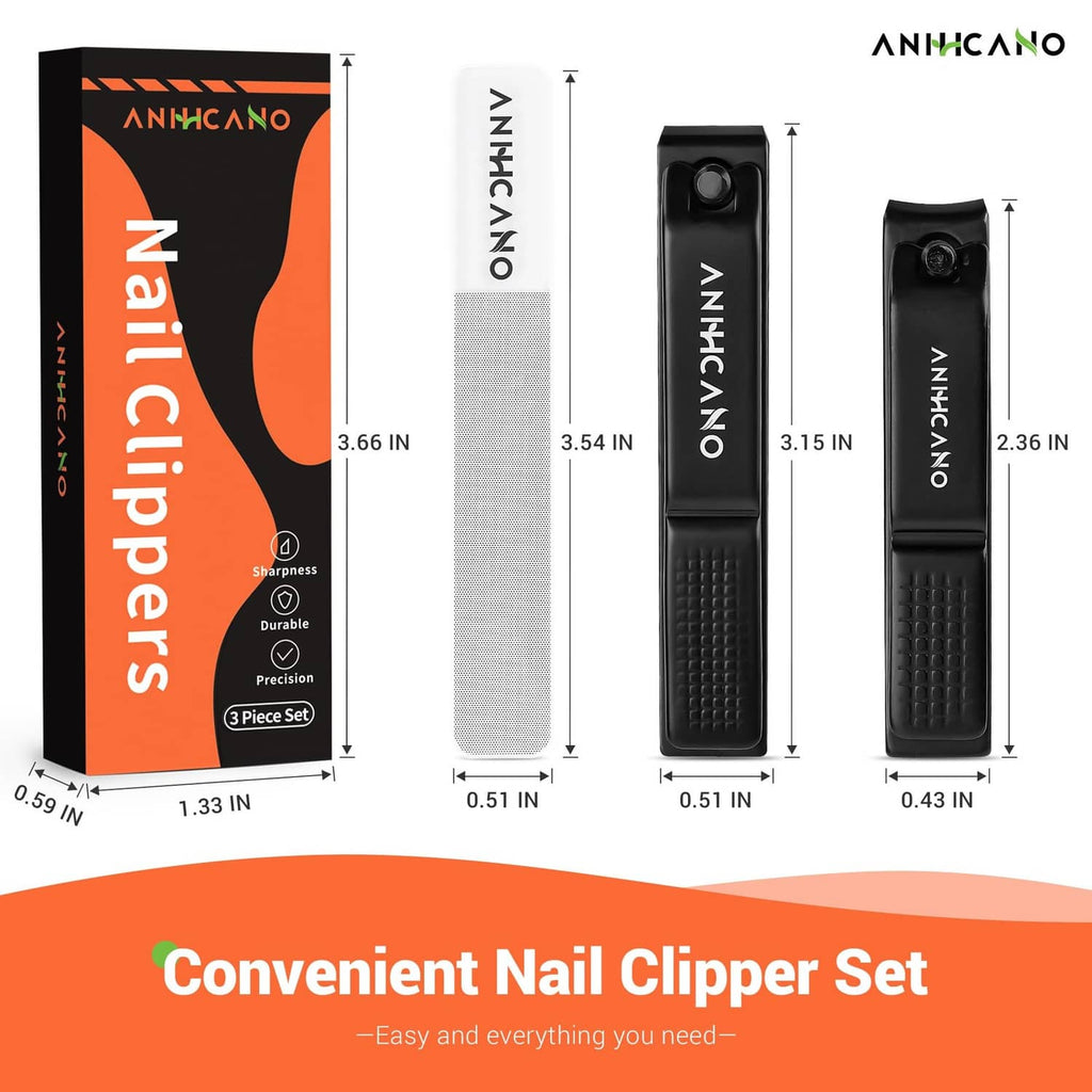 3-piece black nail clipper set with glass file, shown with product packaging