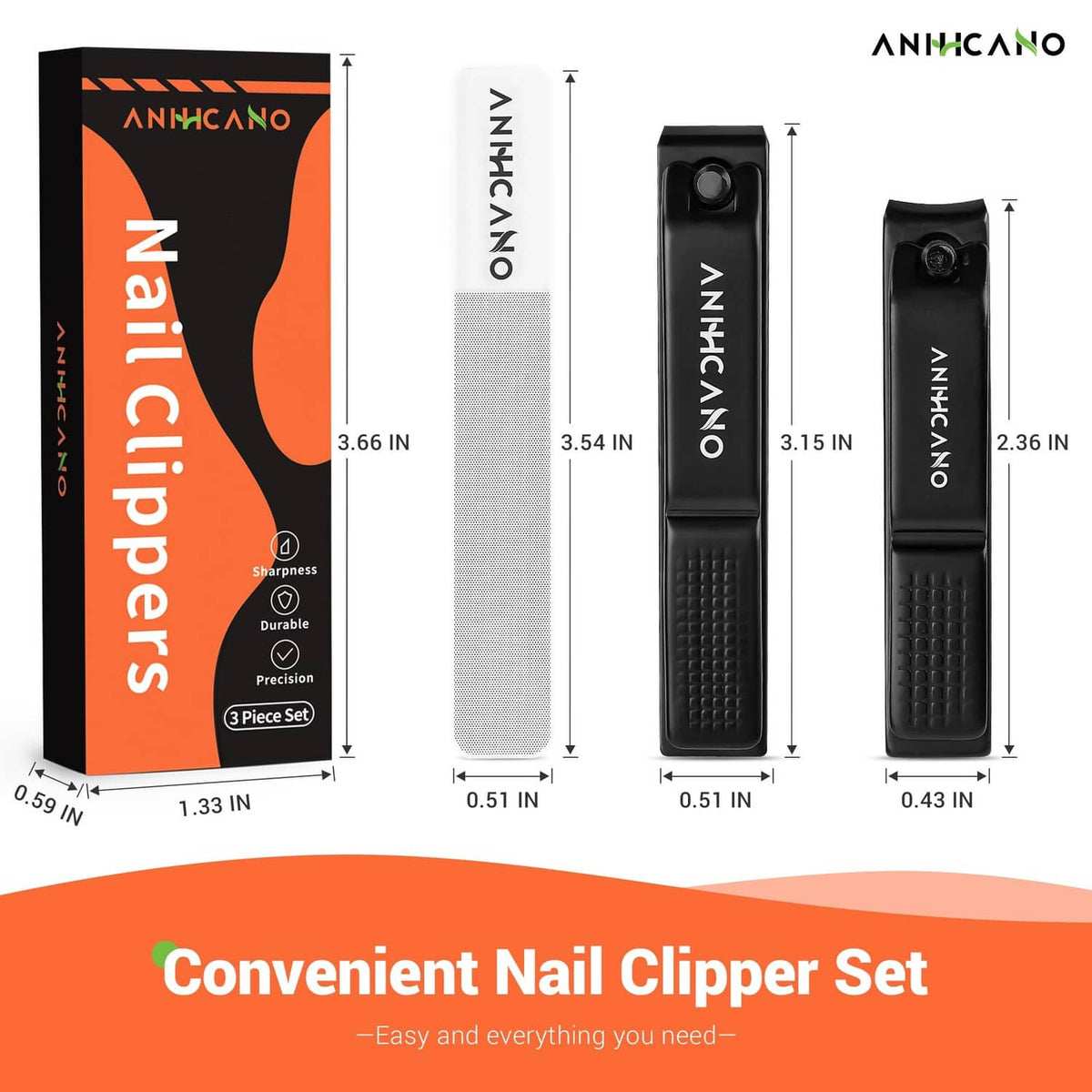 3-piece black nail clipper set with glass file, shown with product packaging