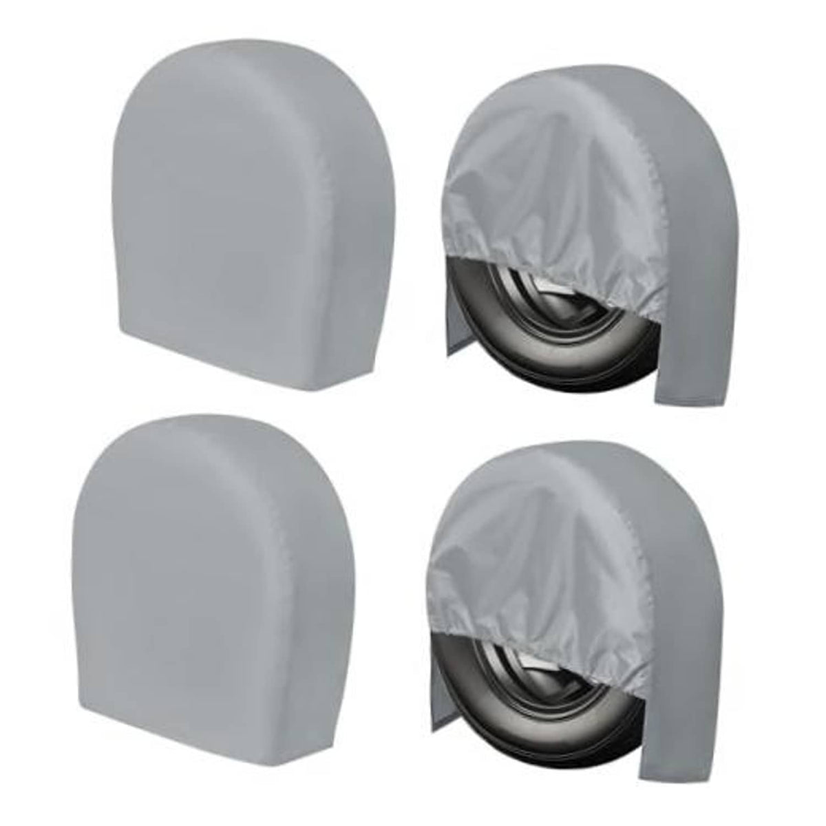 Gray tire cover set with curved hood shape and elastic bottom edge, 4-pack