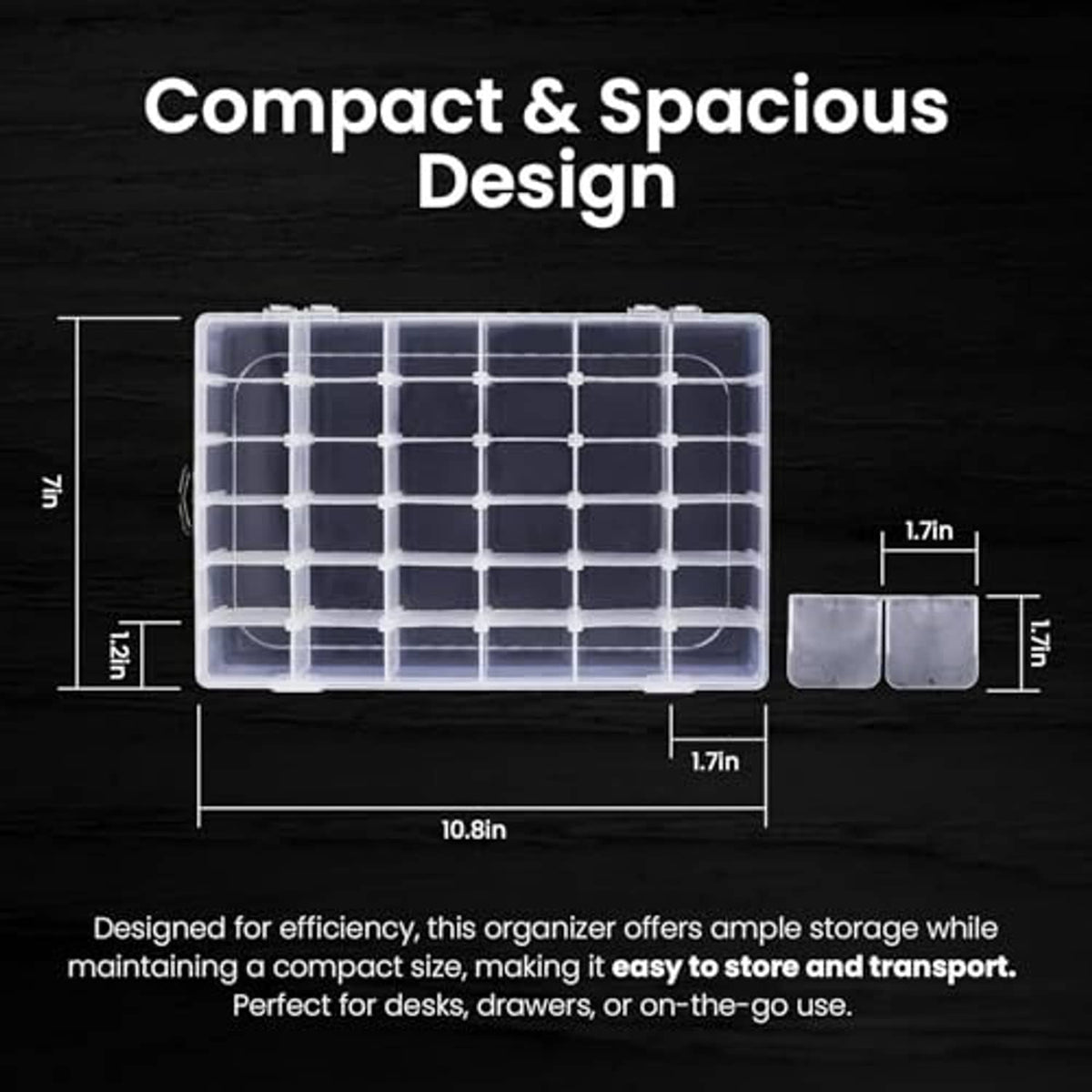 Clear plastic organizer box with grid divider compartments in a transparent case
