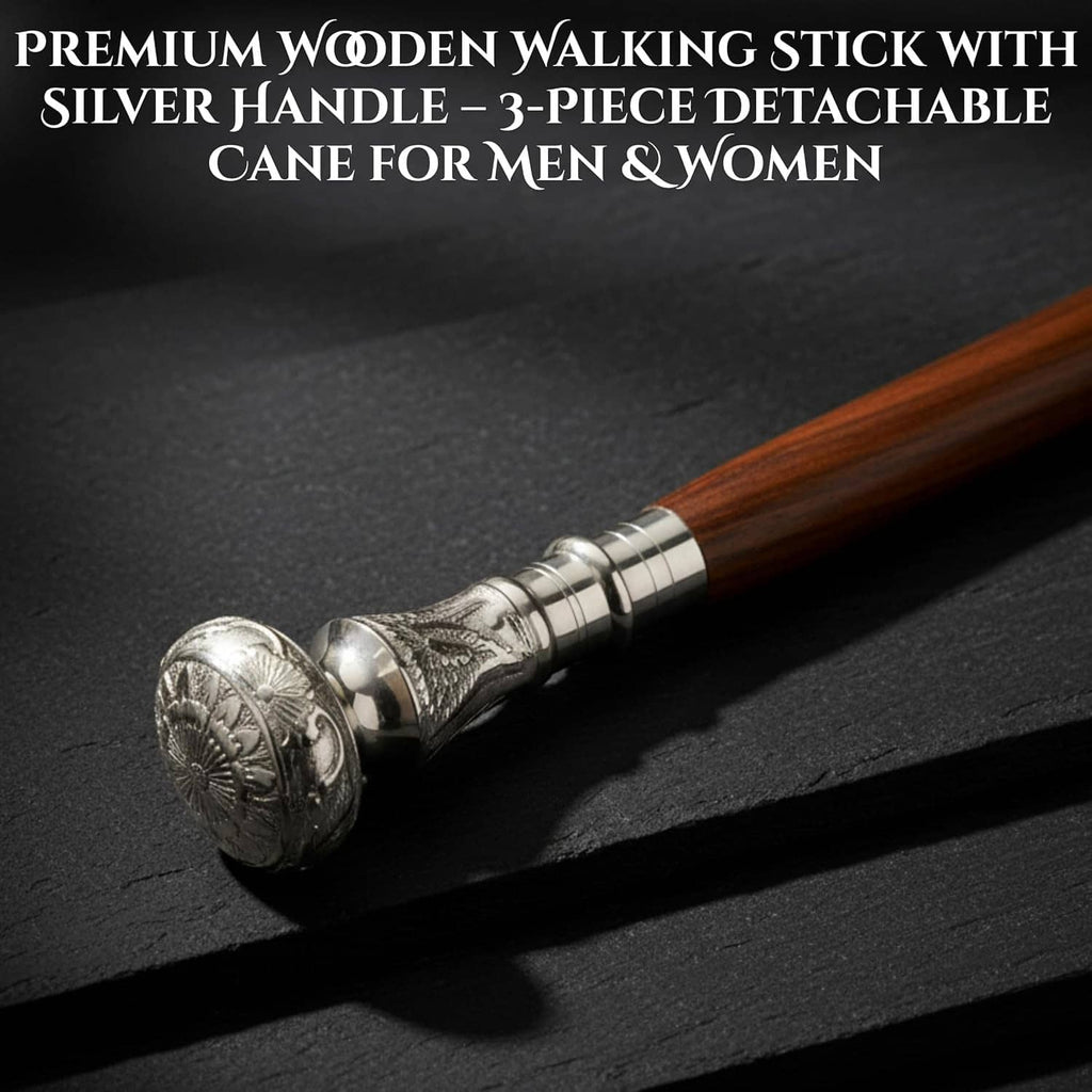 Brown wooden walking stick with silver-toned detachable handle segments