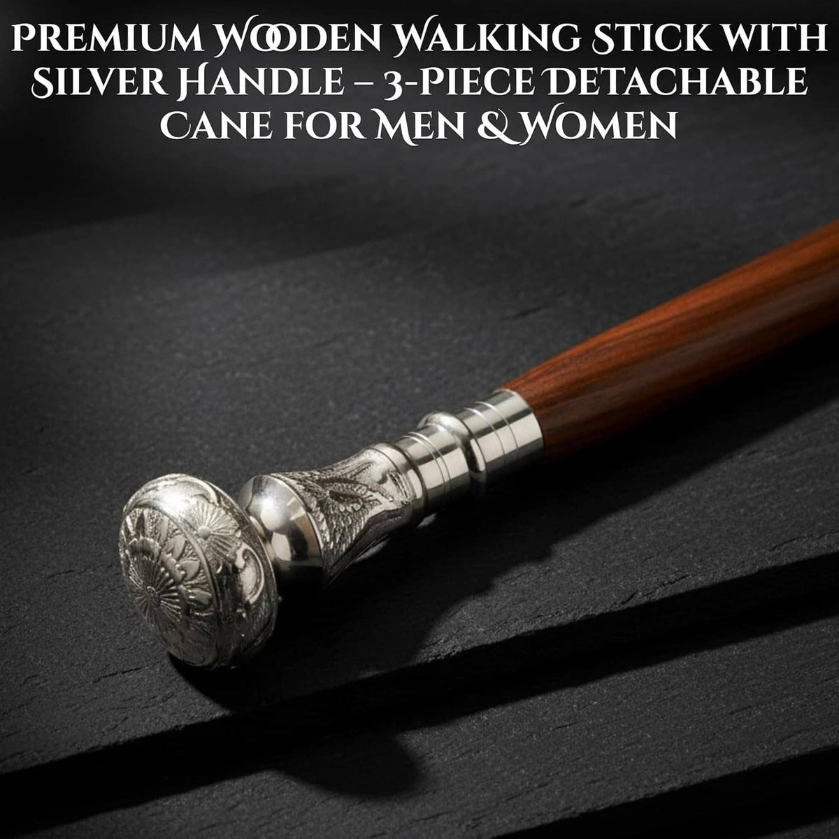 Brown wooden walking stick with silver-toned detachable handle segments