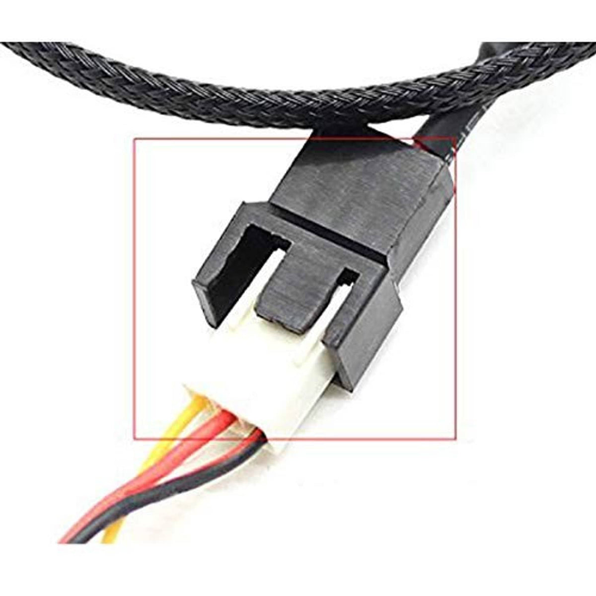 Close-up of fan power connector with wire leads from a SATA to 2-pin adapter cable