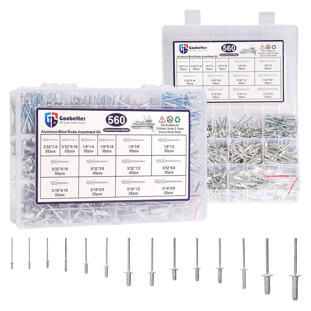 Aluminum pop rivet assortment kit with 560 silver rivets in clear storage box