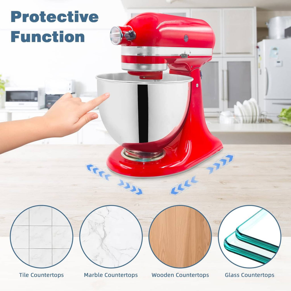Clear mixer slider mat under red stand mixer with protective grip arrows