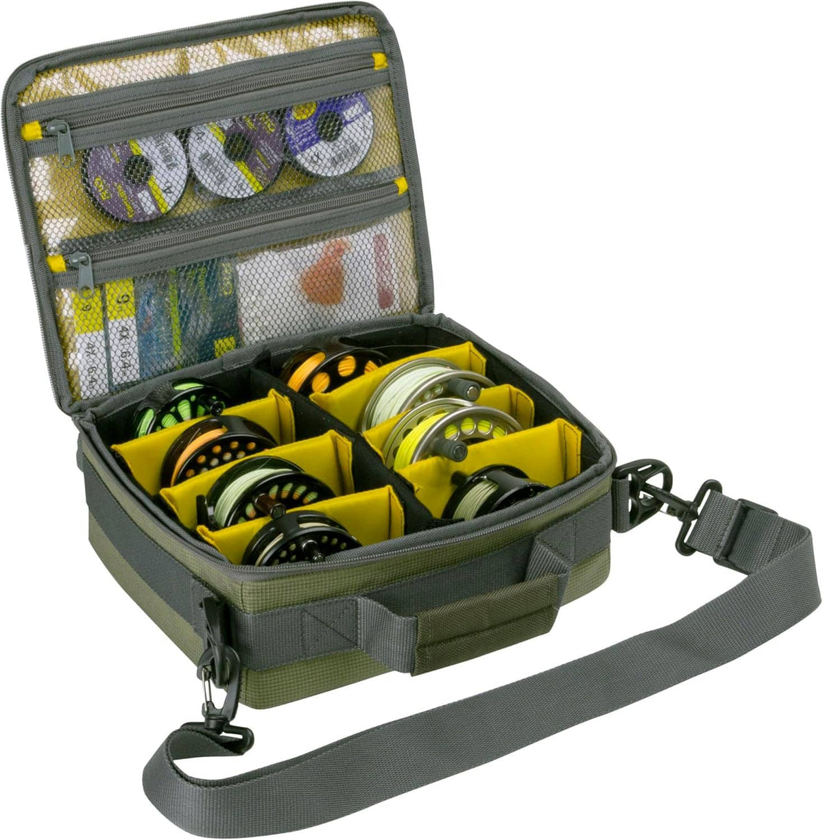 Open olive fishing reel and gear bag with yellow compartments and multiple reel spools