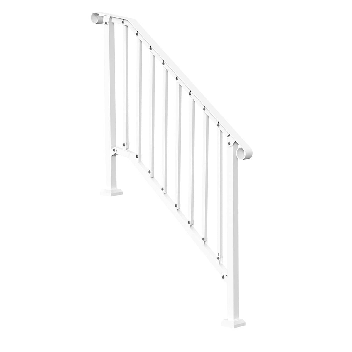 White stair railing with vertical balusters, curved handrail, and two posts