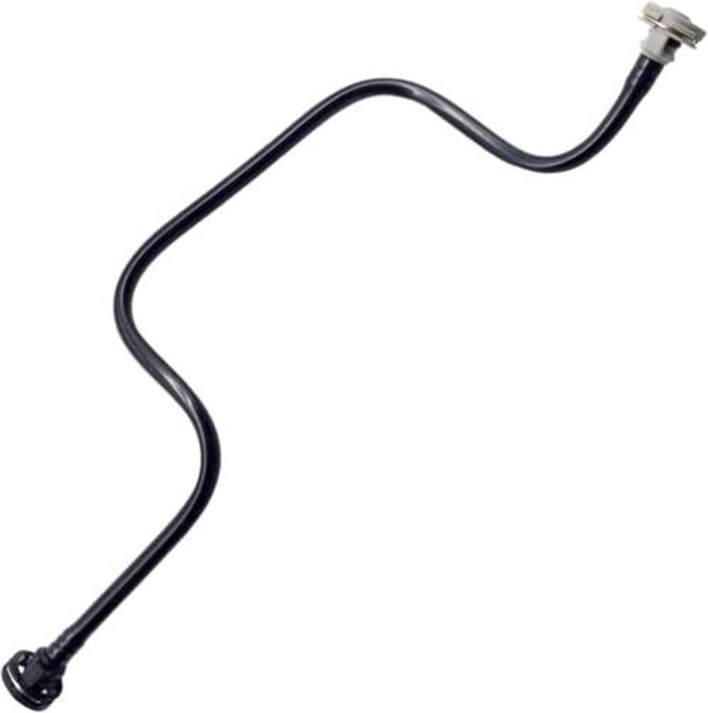 Engine coolant reservoir hose with two metal connector fittings and curved dark tube
