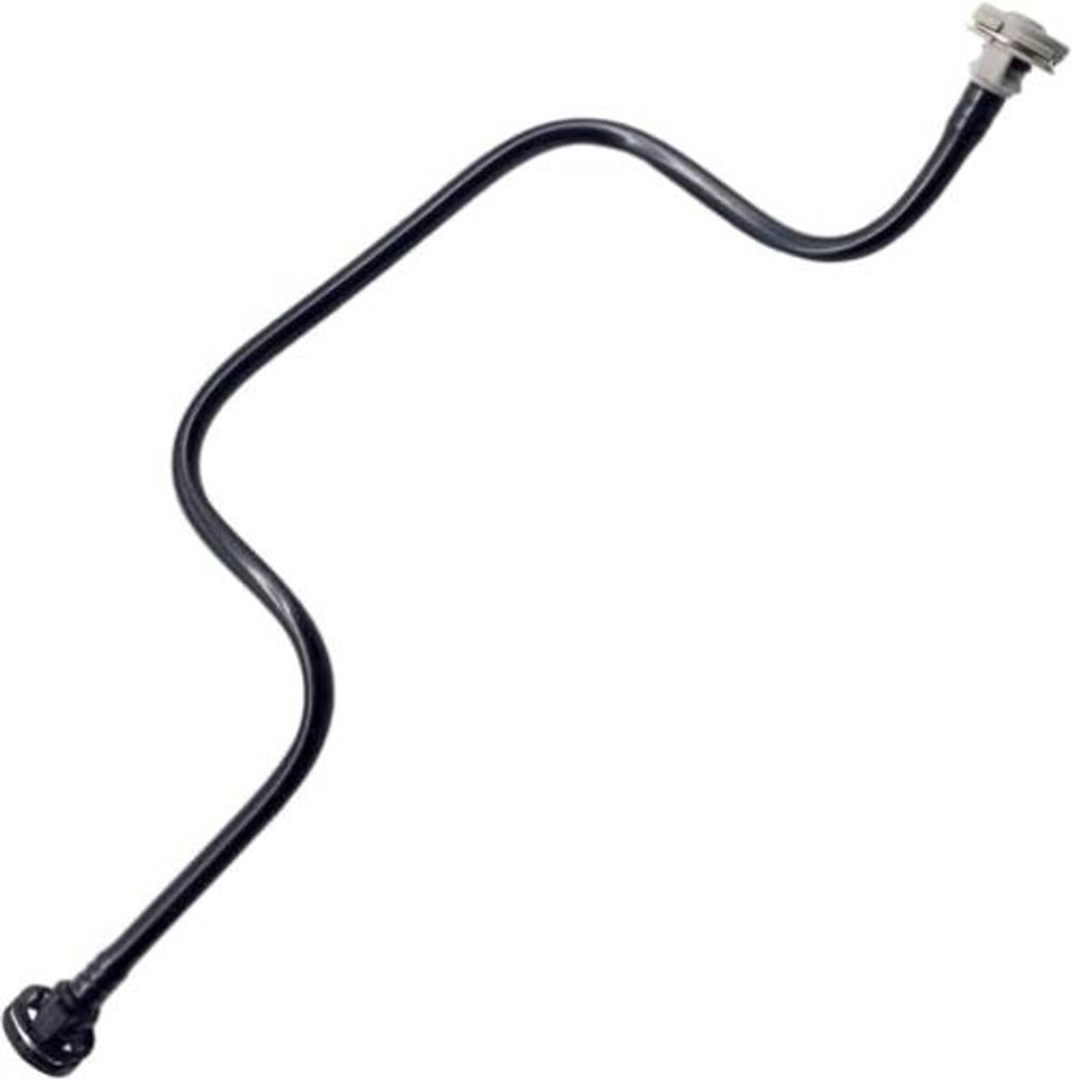 Engine coolant reservoir hose with two metal connector fittings and curved dark tube