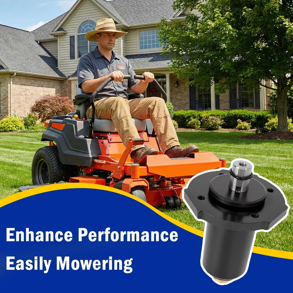 Deck spindle assembly for lawn mower deck, shown in front of riding mower