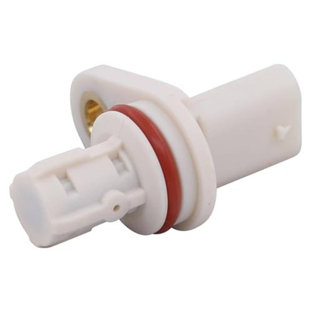 Camshaft position sensor with red gasket ring, white connector plug, and gold contacts