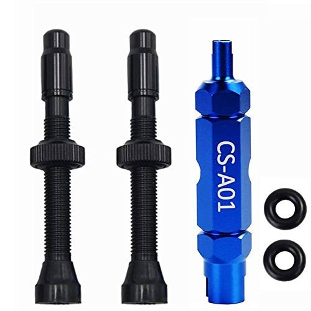 Tubeless valve stem kit with two black stems and blue 60mm extender, includes O-rings