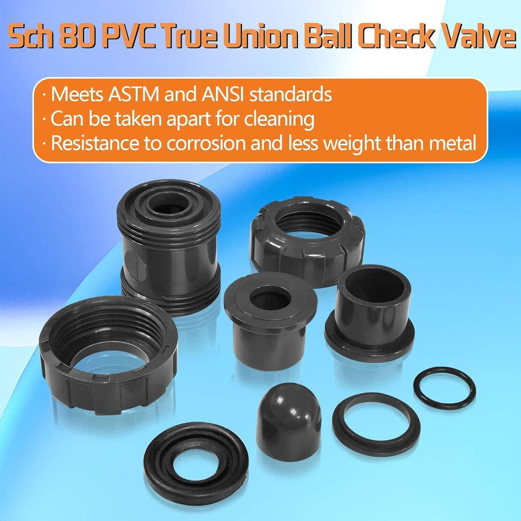 Assorted dark PVC check valve components including union parts, ball, and seals
