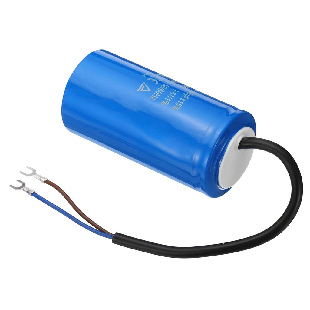 Blue cylindrical run capacitor with black loop cable and two wire terminals